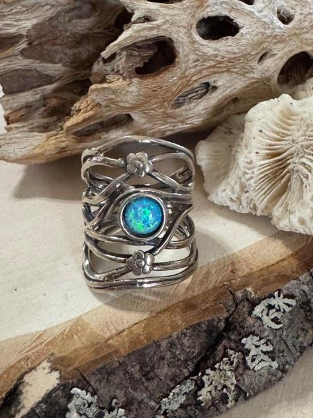 Didae Shablool Israel 925 Sterling Silver Blue Fire Opal Cabochon Ring Size 6.5